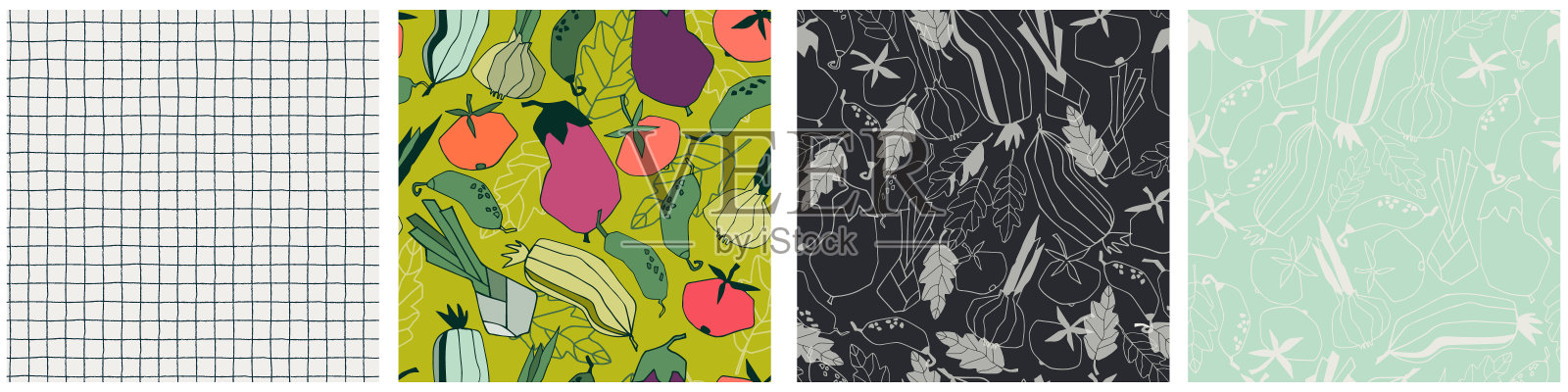 无缝重复模式设置与蔬菜。绿色背景上的抽象流行插图插画图片素材