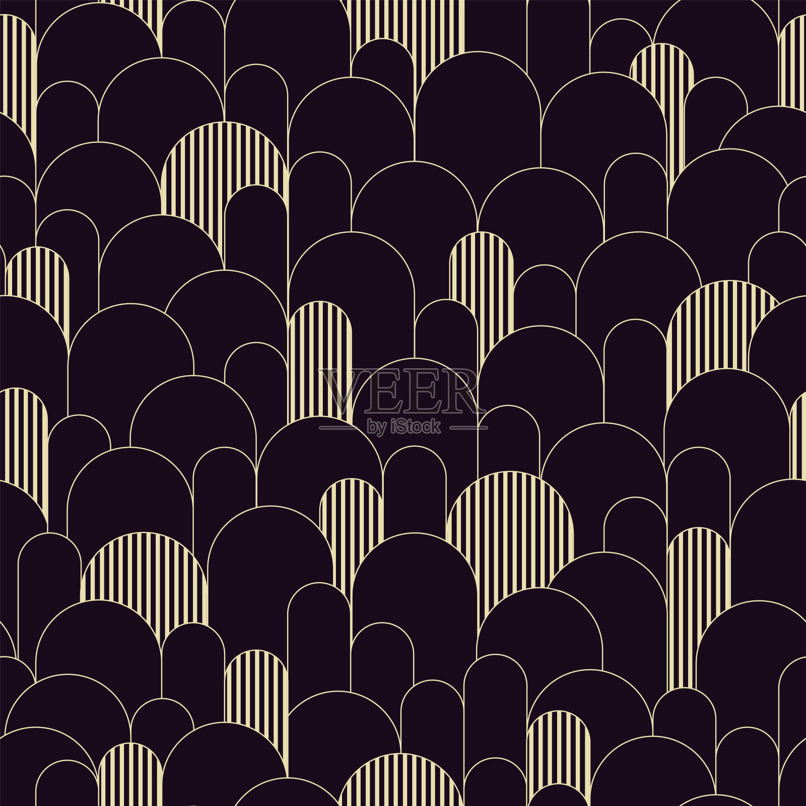 抽象无缝图案,艺术装饰复古风格。向量怀旧的复古几何背景与弧线和条纹。暗色和金线艺术插图。织物,纸张,文具,壁纸插画图片素材