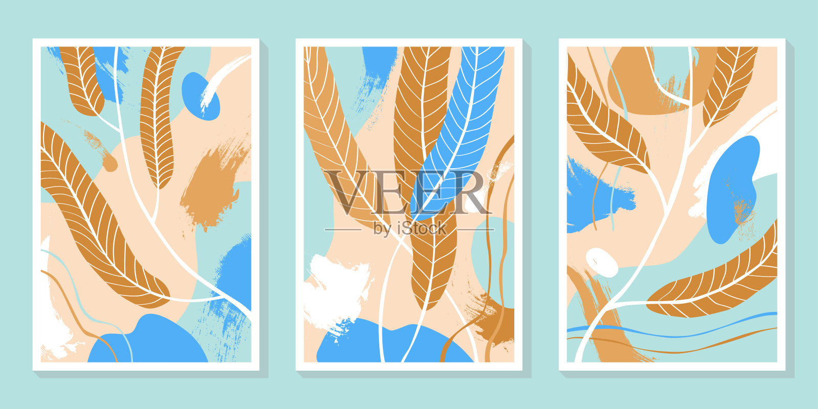 海报艺术。花的抽象背景。矢量艺术墙。蓝色、粉色和金色插画图片素材