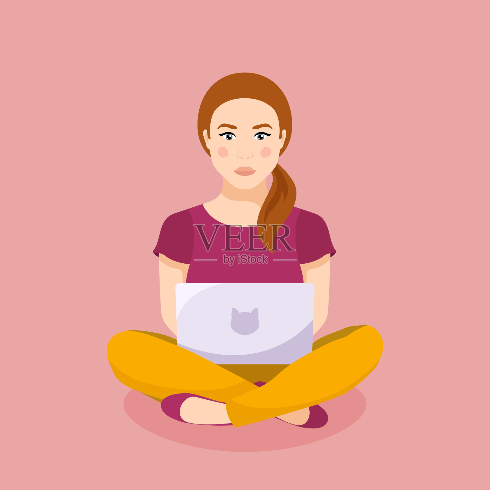 女孩坐在莲花姿势的笔记本电脑插画图片素材