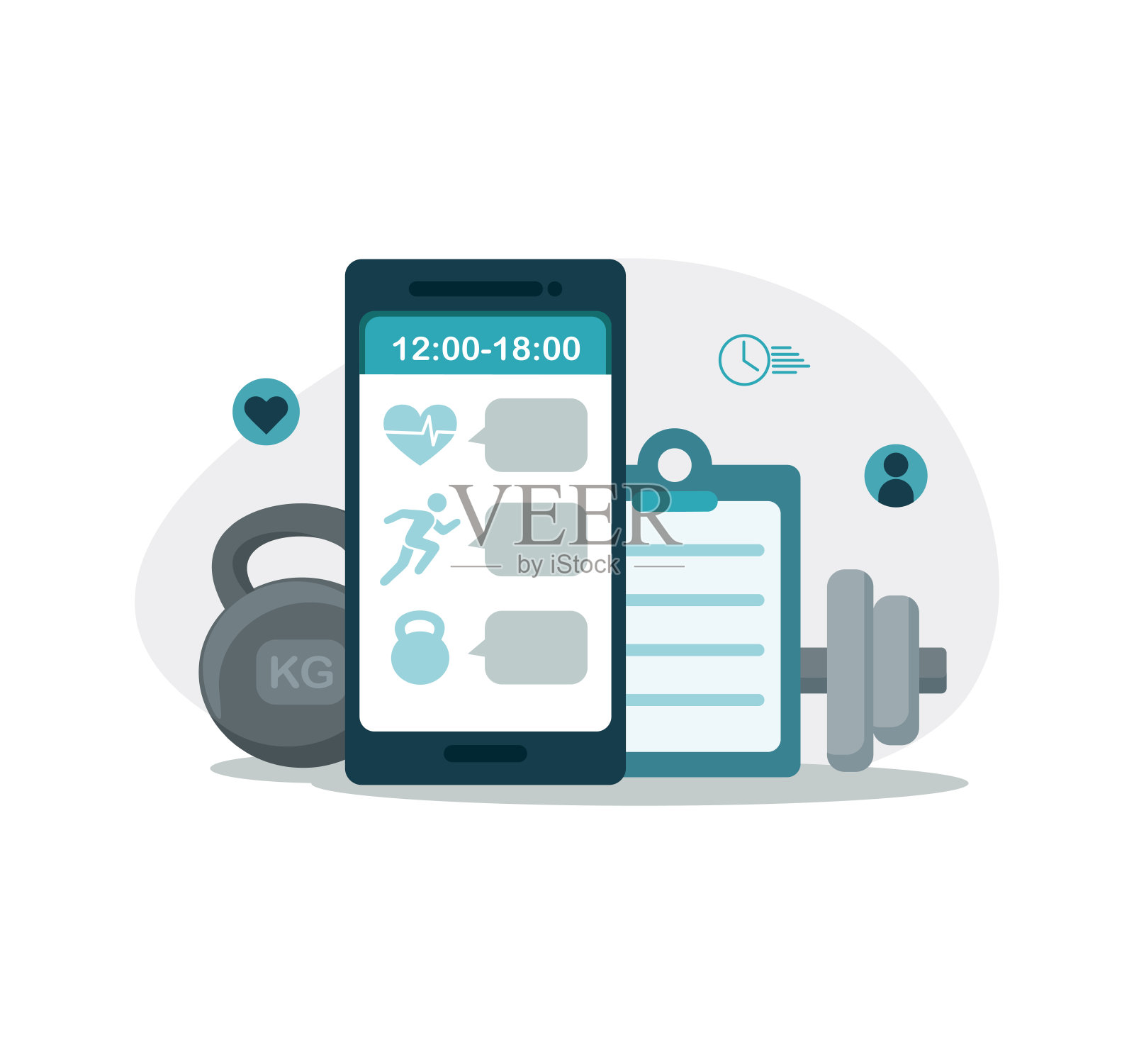 移动电话及运动器材。在线培训的概念。插画图片素材