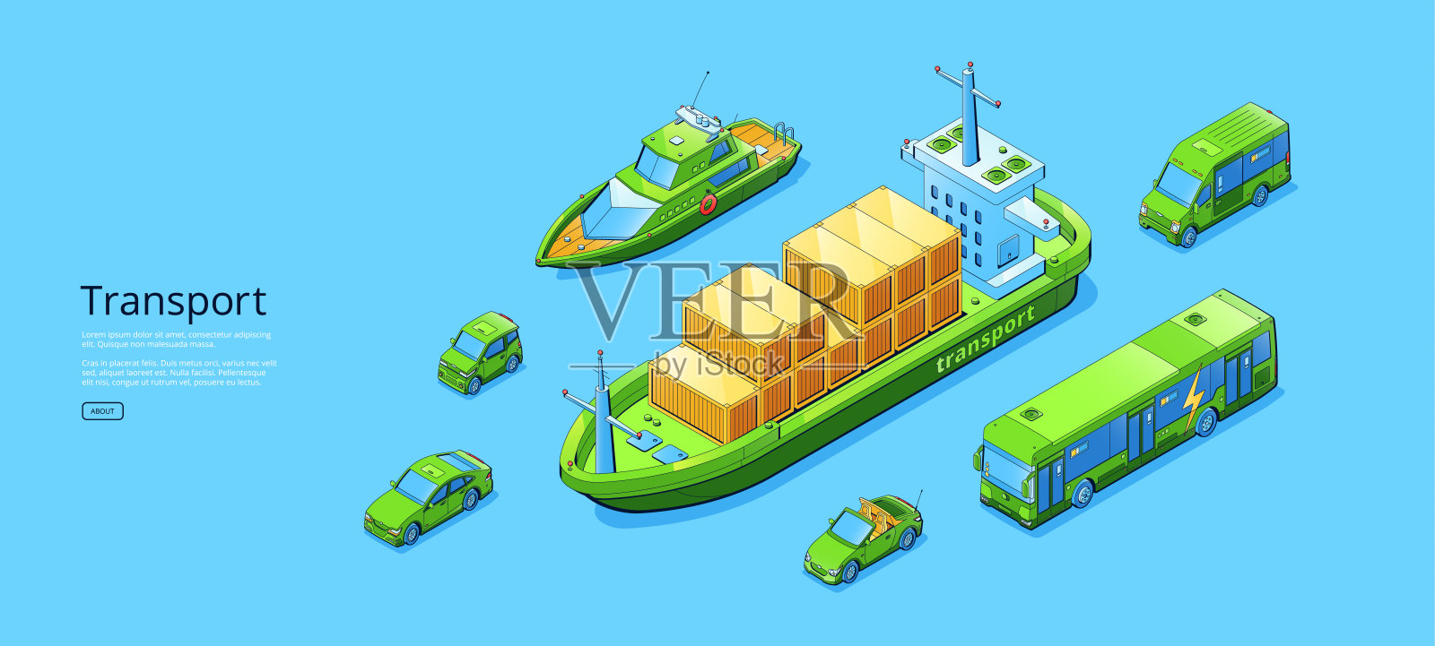 用船、车、厢式货车运输等距网幅插画图片素材
