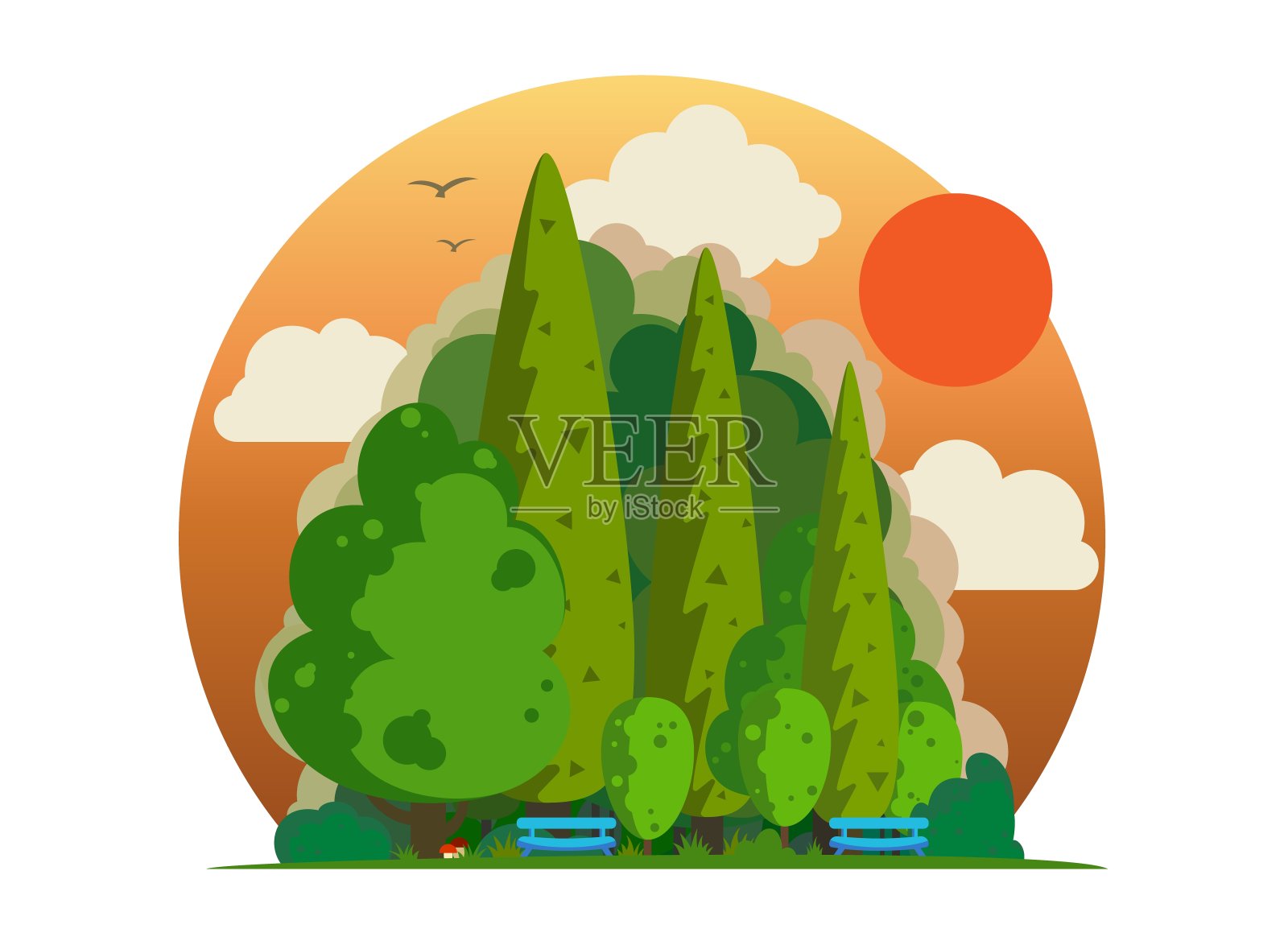 森林公园,晚上有长凳和树木。自然景观的平面风格。插画图片素材