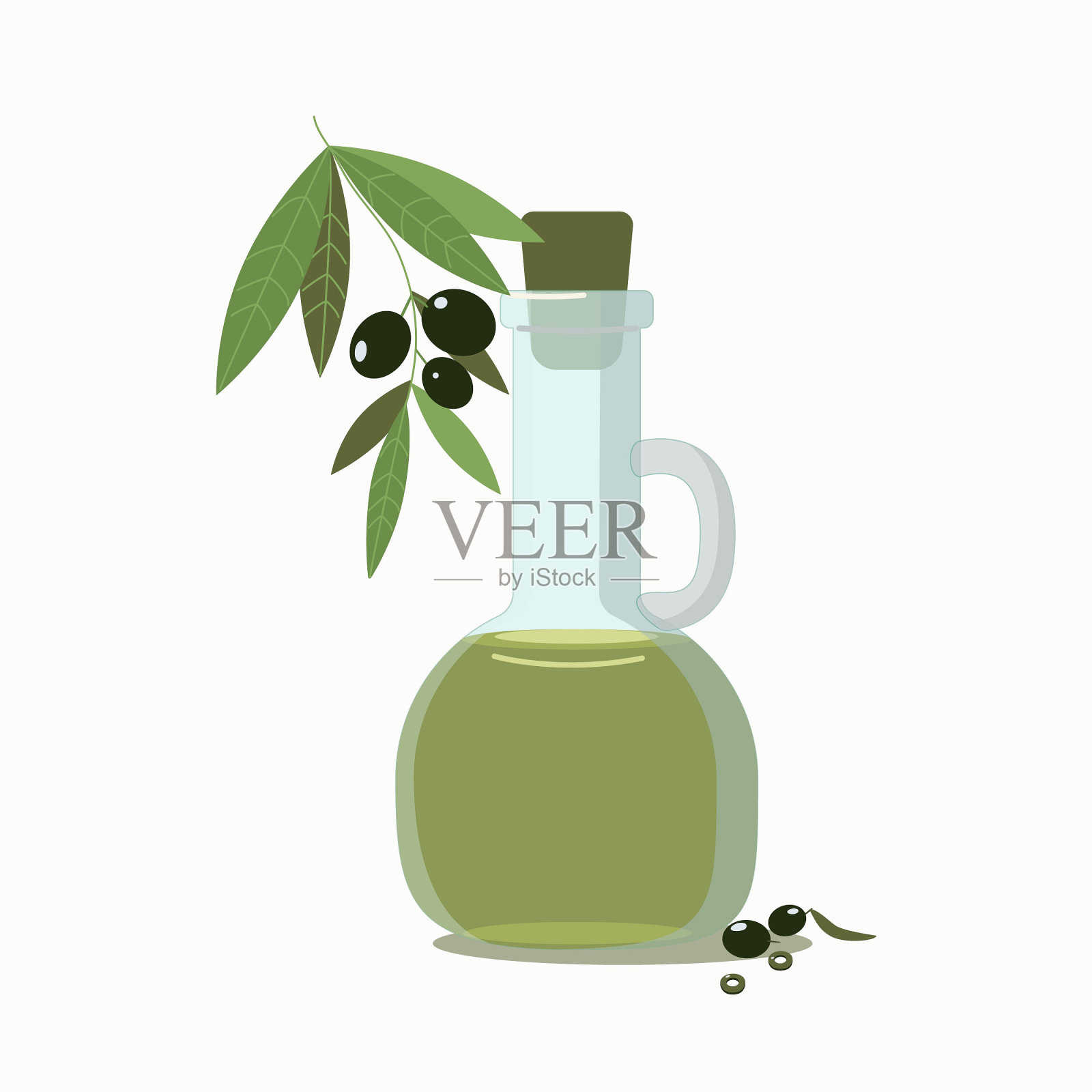 橄榄油瓶和橄榄枝。插画图片素材