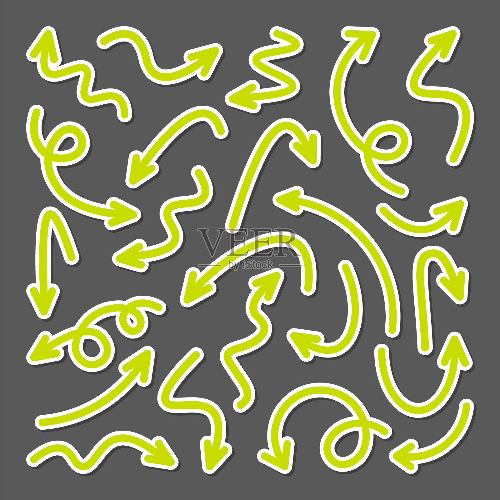 彩色手绘箭头贴纸设置。绿色指针集合。不同形状的简单箭头。方向的迹象。矢量图插画图片素材