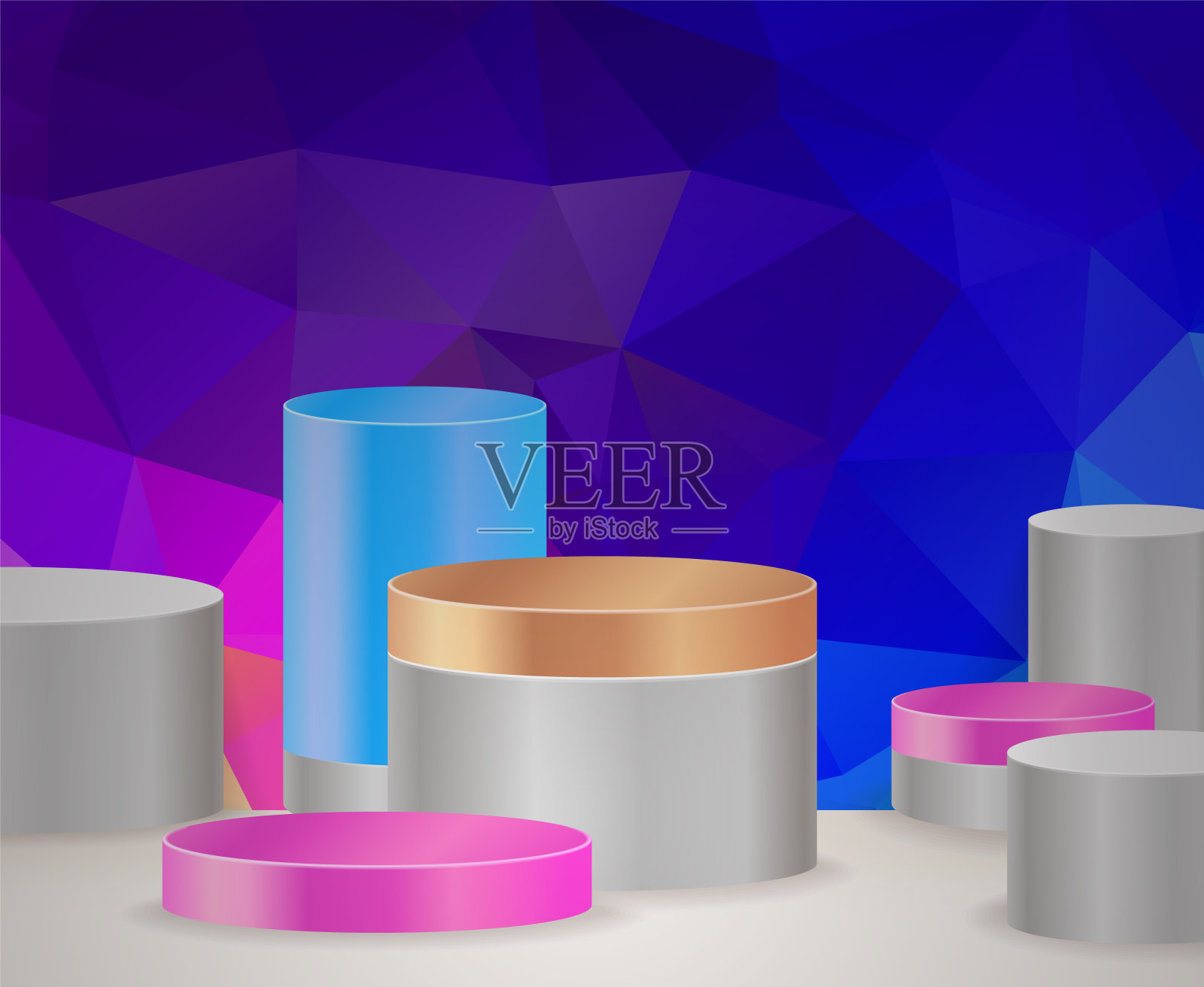 三维矢量抽象平台,底座,牌匾,圆柱台阶的圆形金框架。简约的概念布局,空的空间和空间。模拟。在深蓝色背景下的抽象多边形插画图片素材