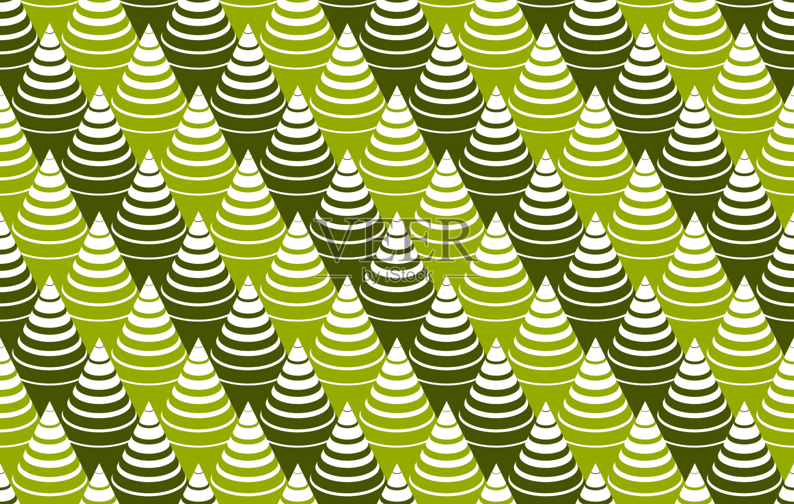 圆锥op艺术无缝矢量背景,重复平铺光学错觉图案,纺织品或包装纸,网站背景或墙纸。云杉森林。插画图片素材