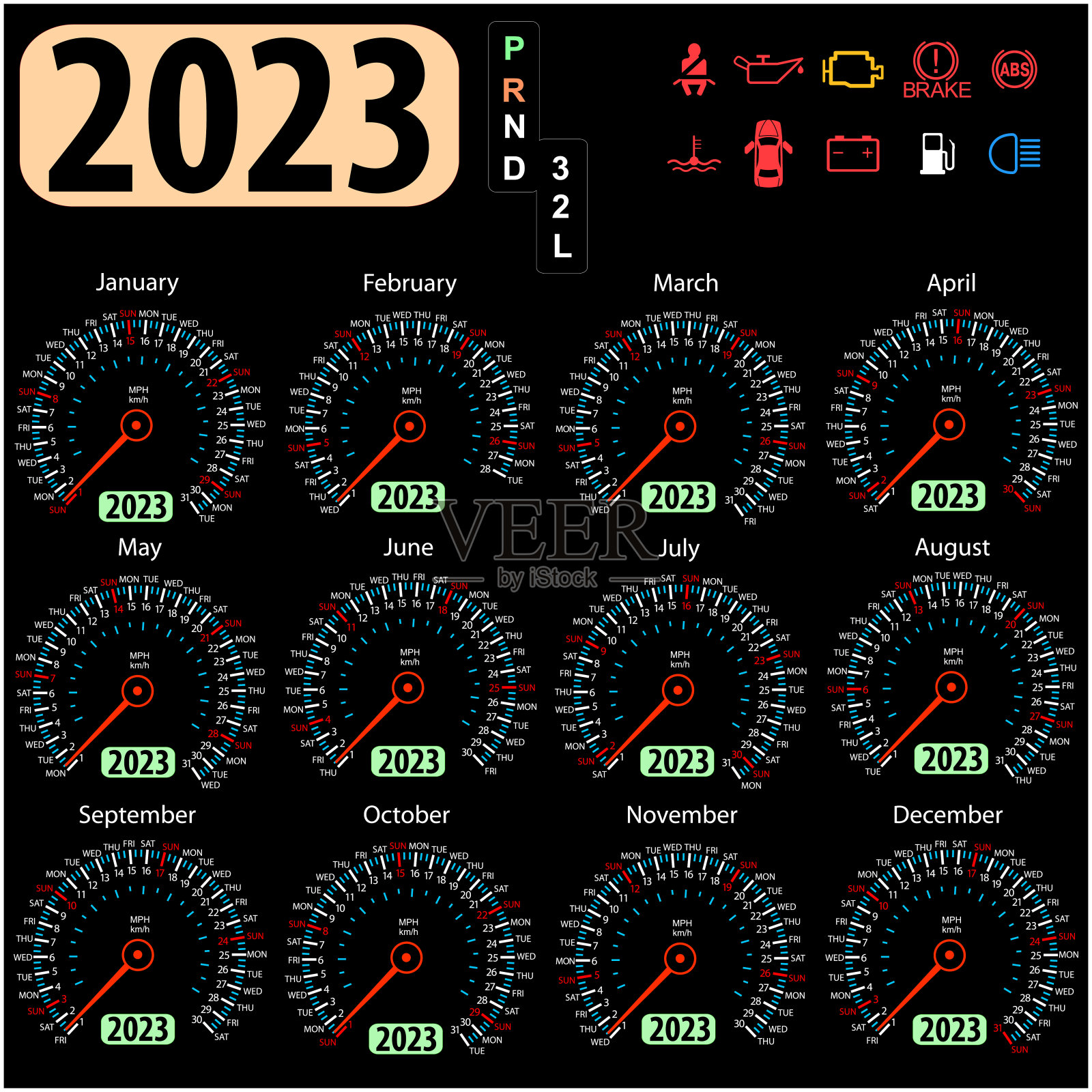 2023年日历速度计汽车矢量插画图片素材