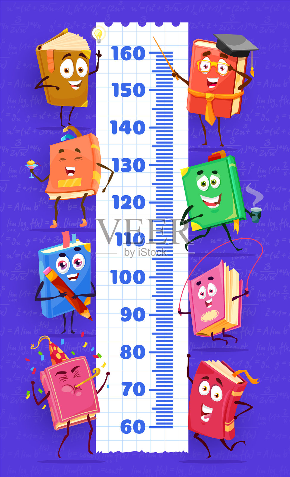 卡通书中的人物在孩子的身高表上插画图片素材