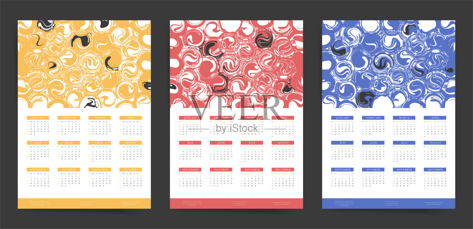 创意抽象2023年日历设计。一组12个月的2023日历,带有抽象的圆圈和形状。矢量墙日历背景。设计模板素材