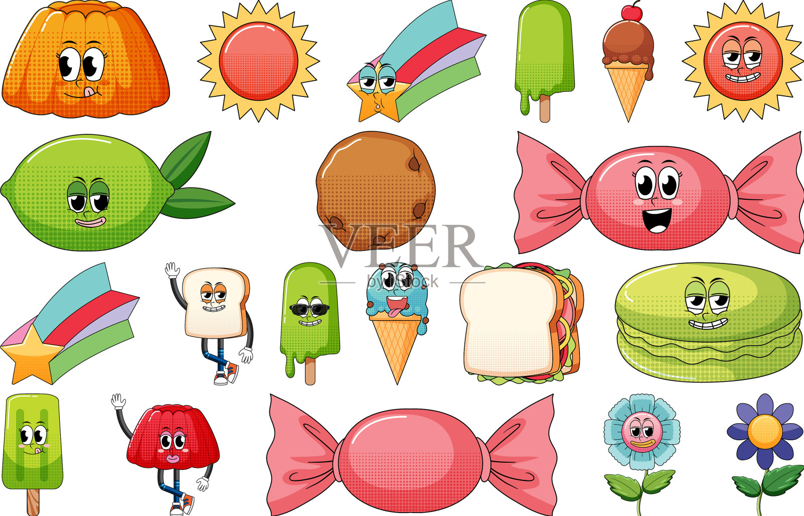 一套表情搭配复古美食图标素材