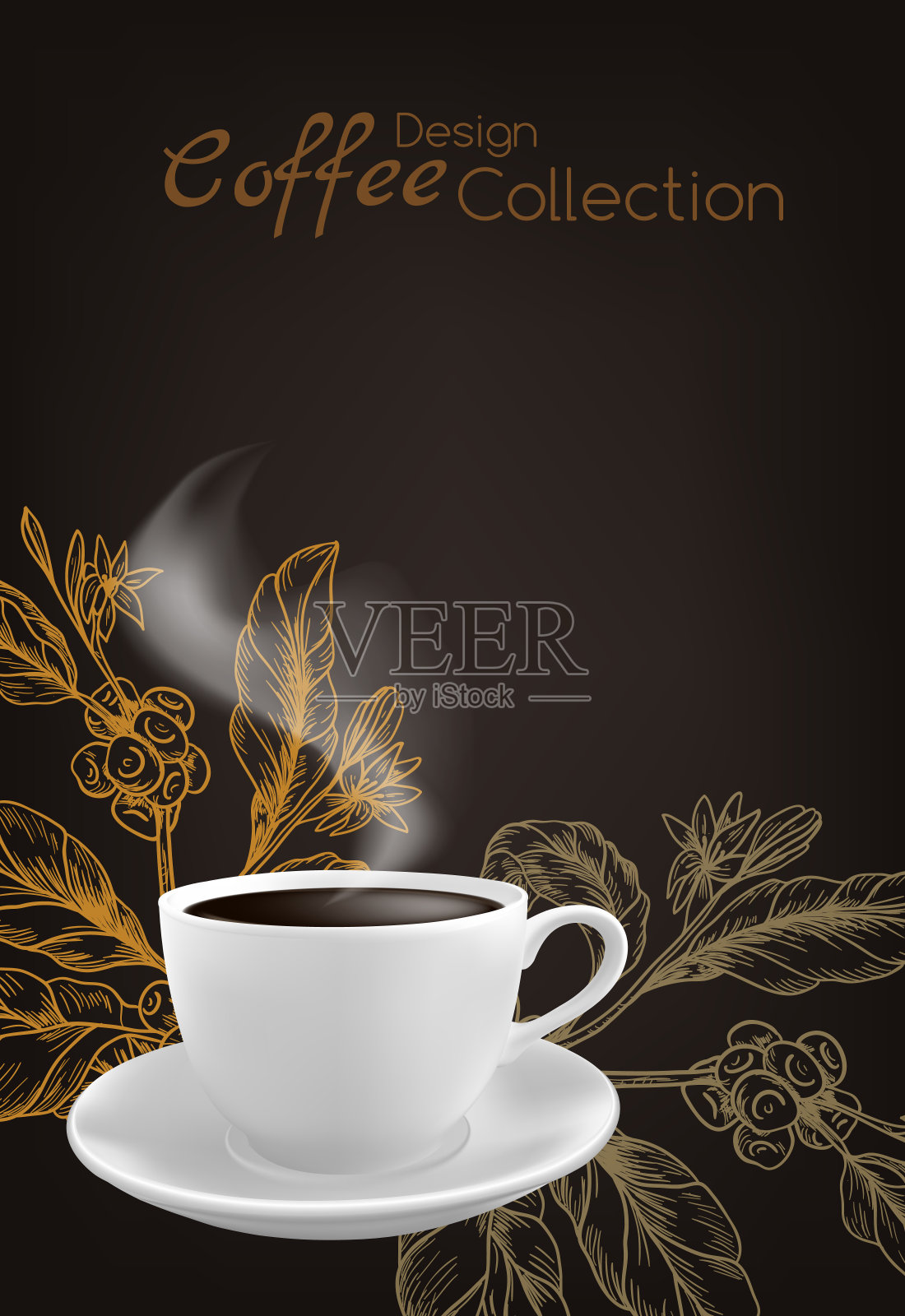 黑色背景上雕刻咖啡枝的咖啡杯。插画图片素材