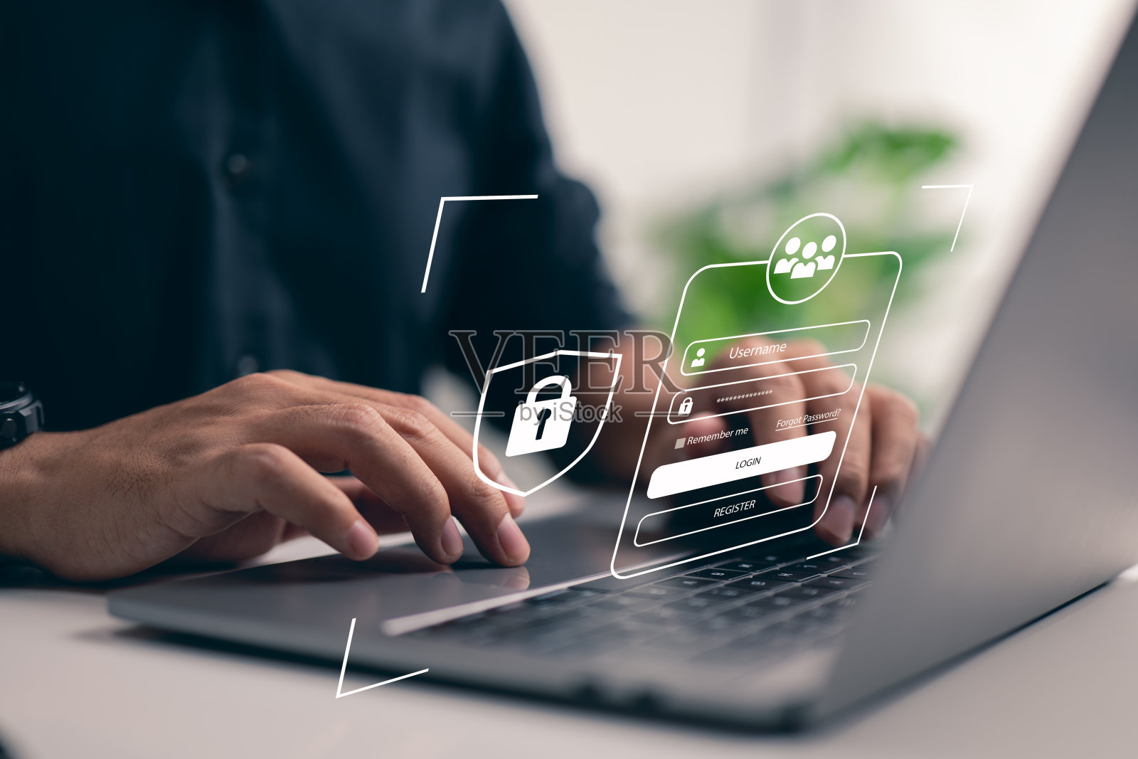 网络安全和隐私观念被用来保证数据安全。锁图标和保护互联网的技术。笔记本电脑和虚拟环境中的个人信息。照片摄影图片