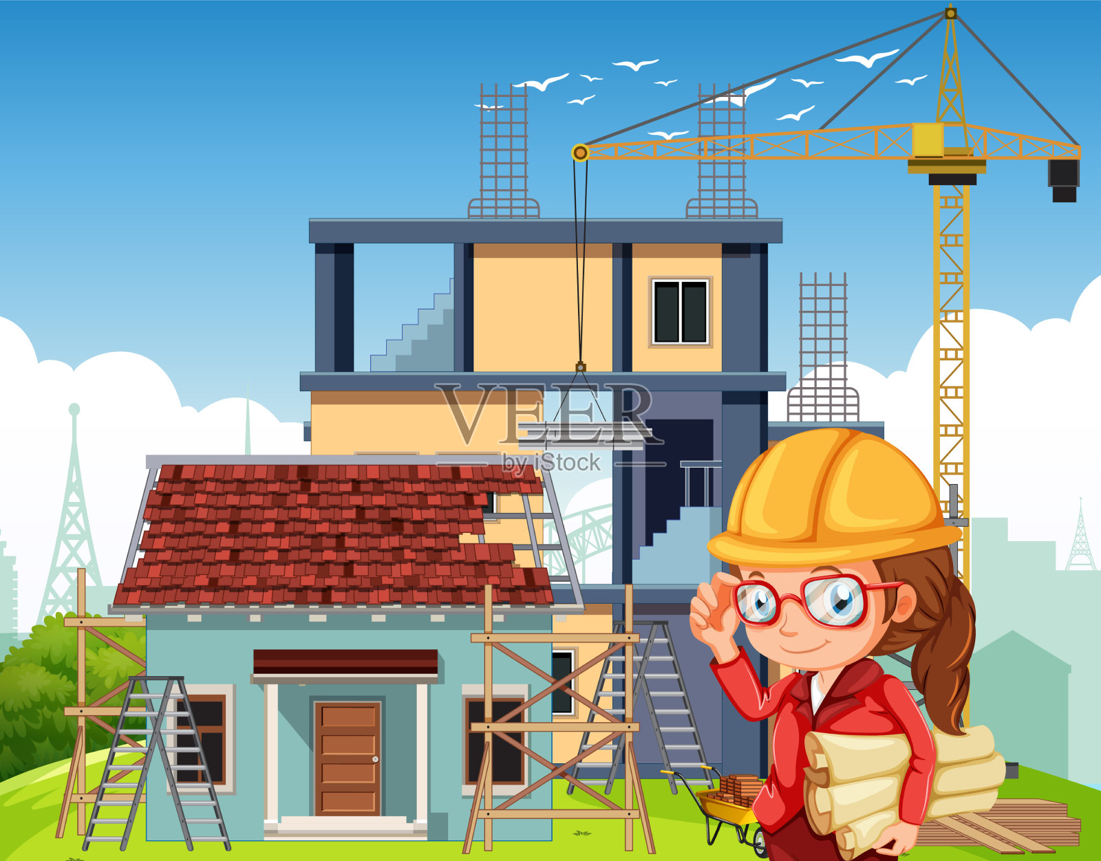 建筑施工现场的卡通场景插画图片素材