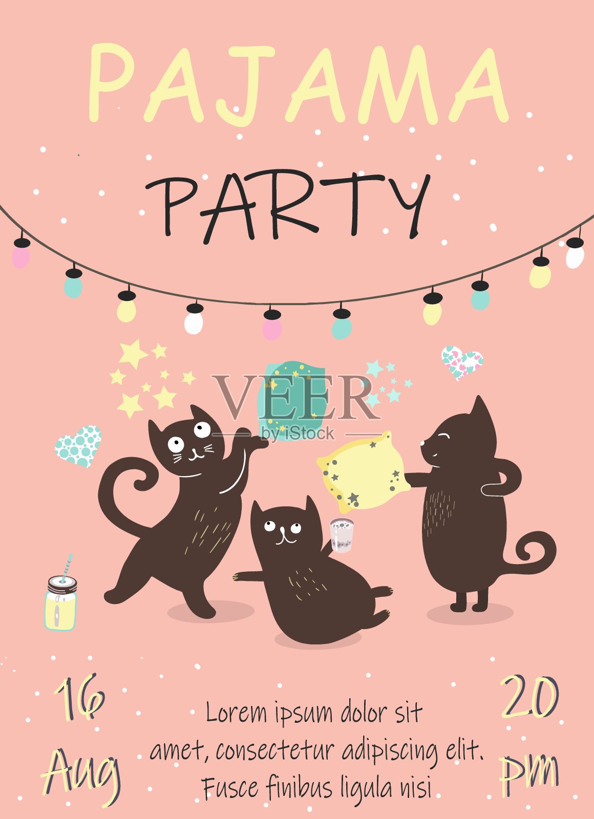 睡衣派对的邀请,3只猫嬉戏,枕头大战,心形,鸡尾酒,星星,花环。设计模板素材