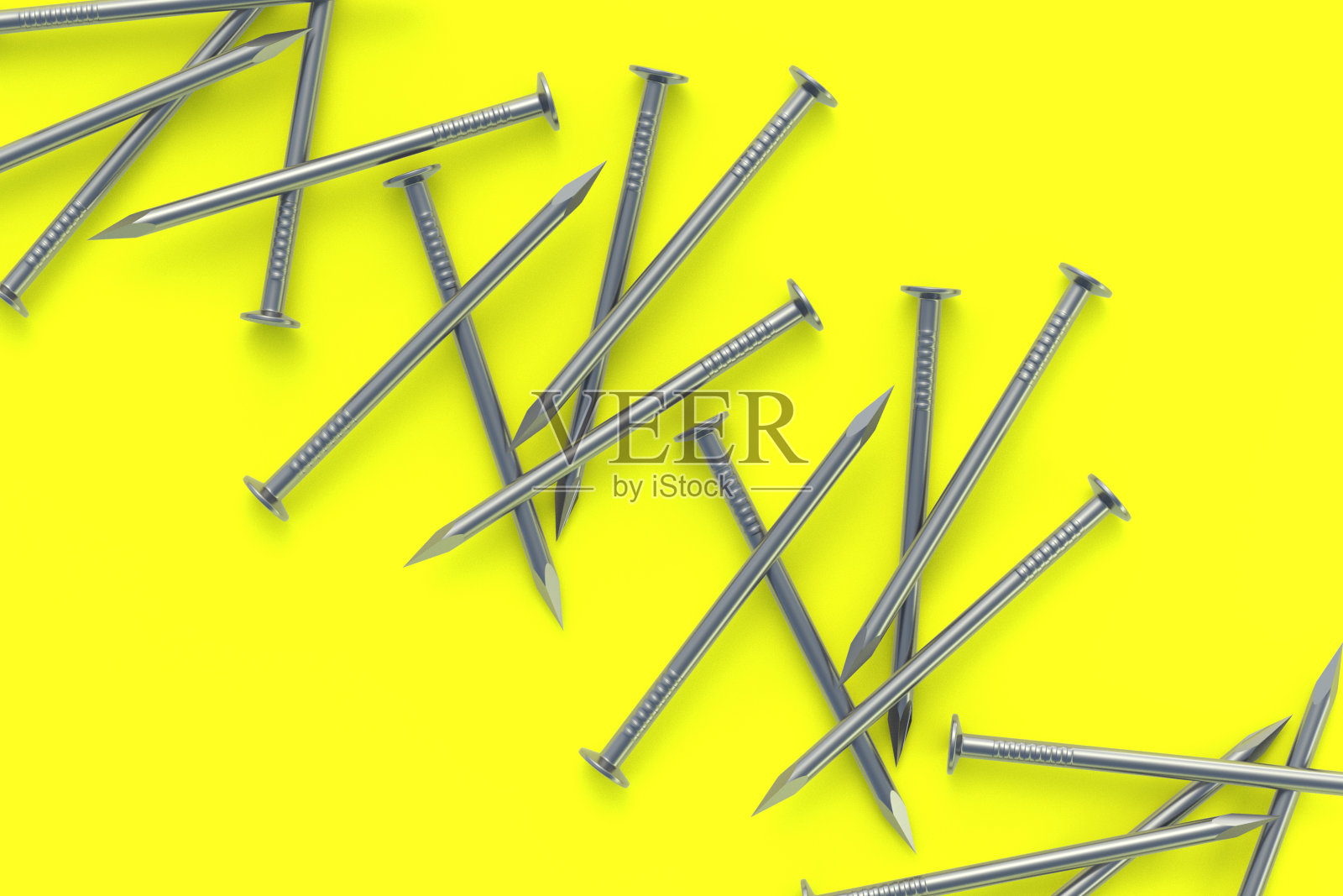 散落的金属钉在黄色的背景上。建筑设备。工具维修、翻新。三维渲染照片摄影图片