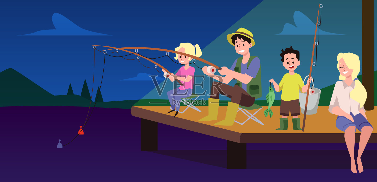 夜晚湖或河与家庭从银行钓鱼,平面矢量插图。插画图片素材