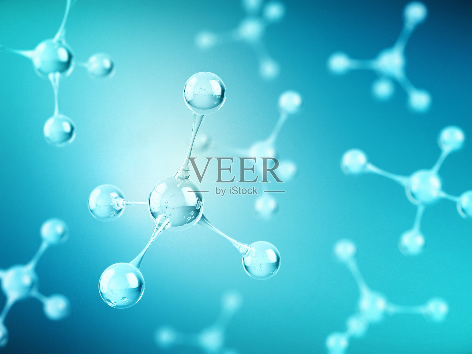 蓝色背景上的分子或原子结构。科学、医学、化学和生物技术概念。三维渲染照片摄影图片