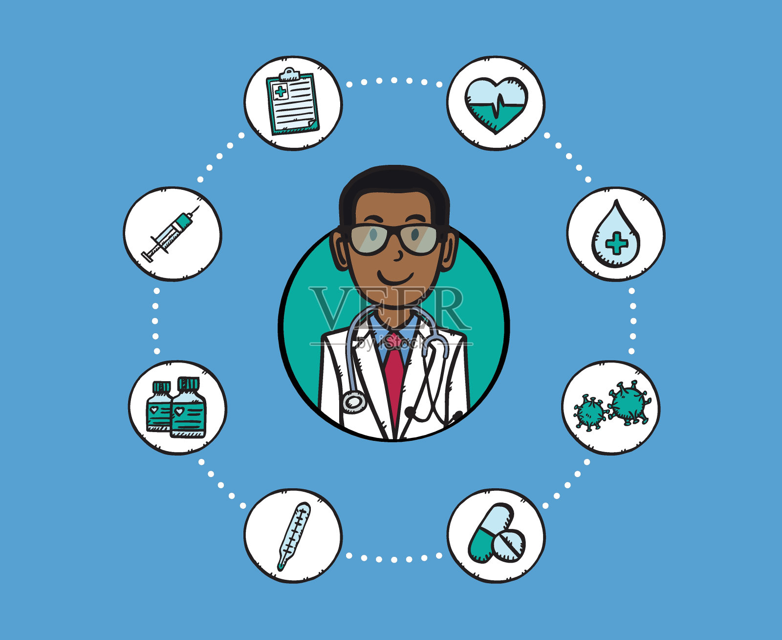 与他周围的医疗图标的医生的卡通矢量插图。手绘涂鸦。插画图片素材