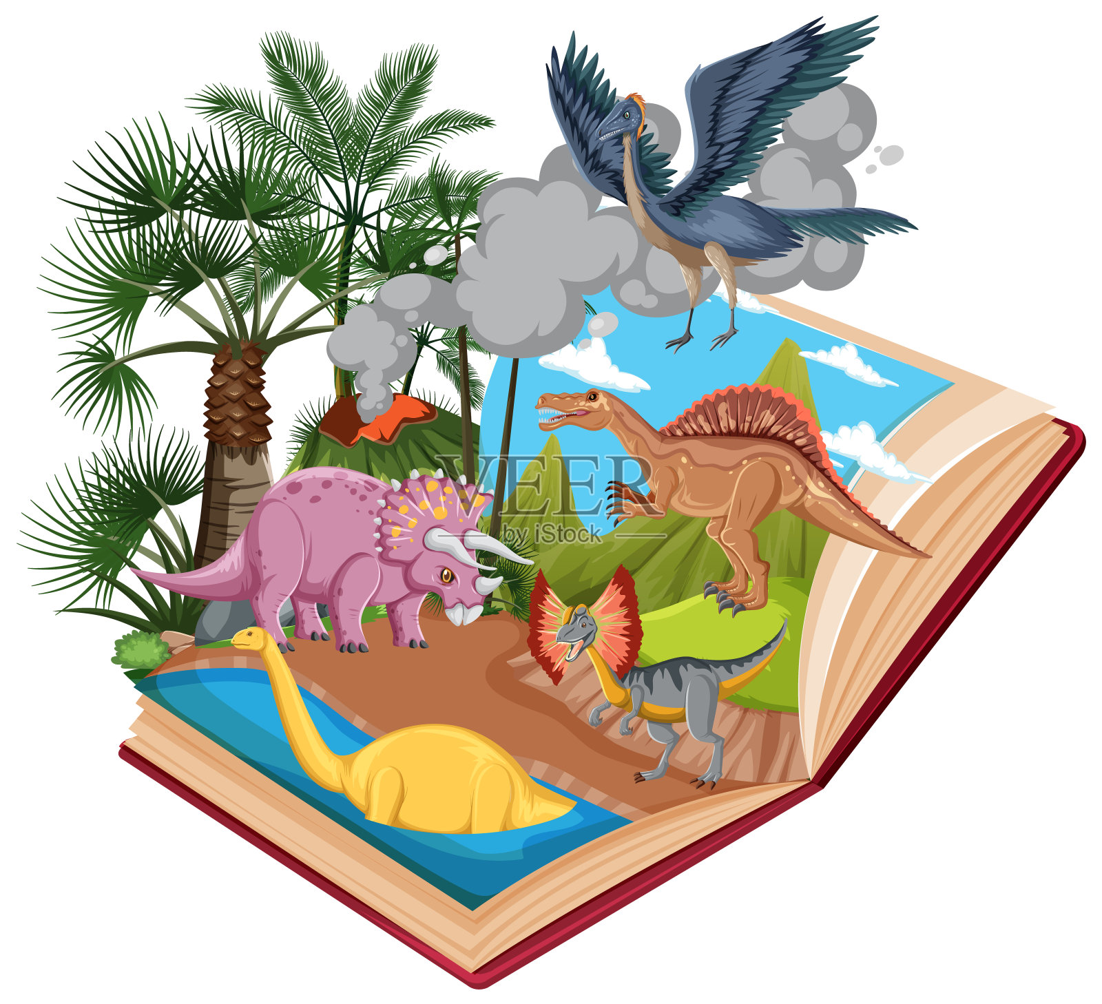 书中恐龙在森林里的场景插画图片素材