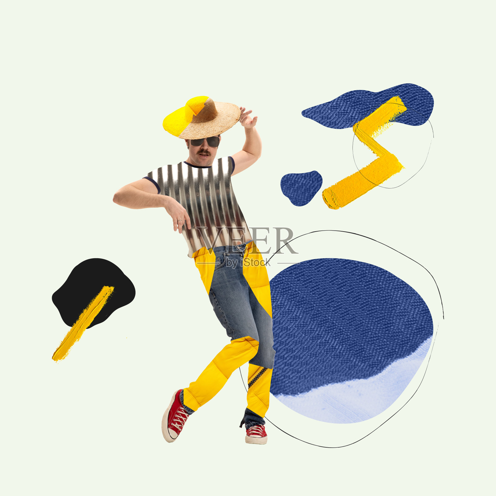 时尚而有创意的年轻人穿着用回收材料制成的彩色布料,兴高采烈地跳舞插画图片素材