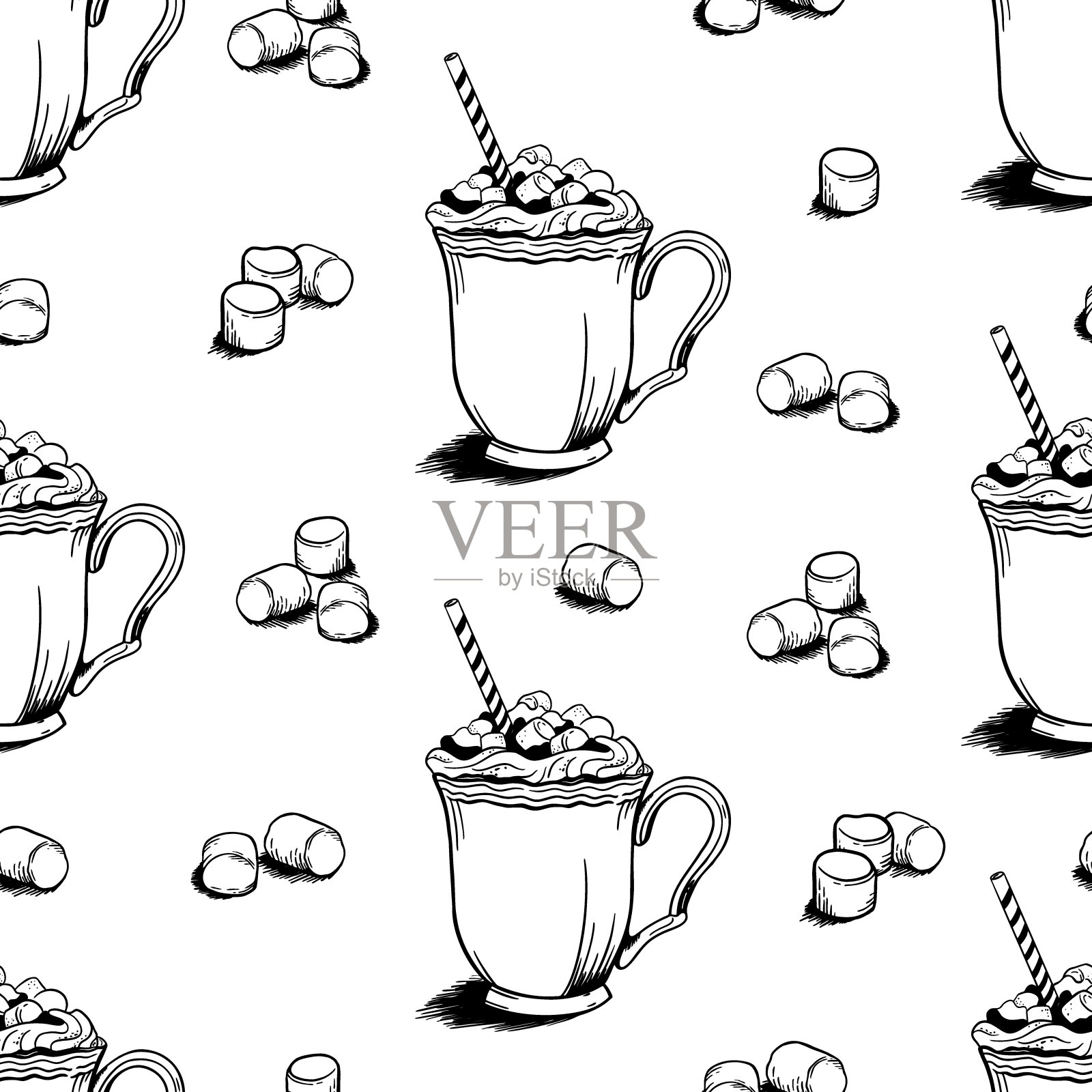 图案与咖啡杯和棉花糖在涂鸦风格在白色背景向量插图插画图片素材