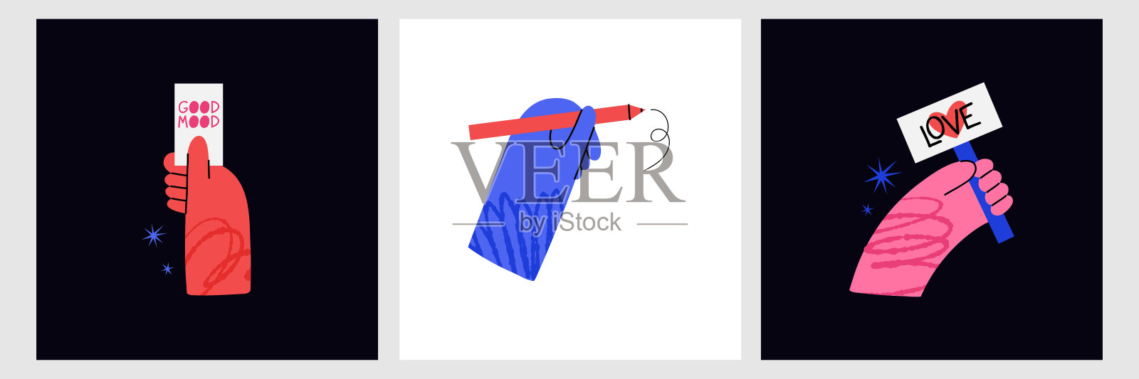 手持卡片和铅笔。卡通手臂与笔和海报,好心情,积极思考,创作进程,鼓舞人心的励志海报或打印矢量孤立设置插画图片素材