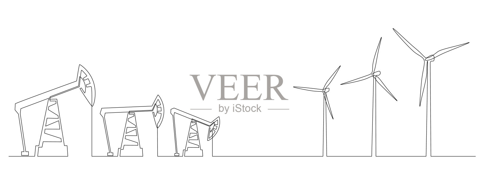 油泵千斤顶和风力涡轮机的一条连续线图。以简单的线性形式介绍能源危机、可再生能源和不可再生能源的概念。可编辑的中风。画矢量图插画图片素材