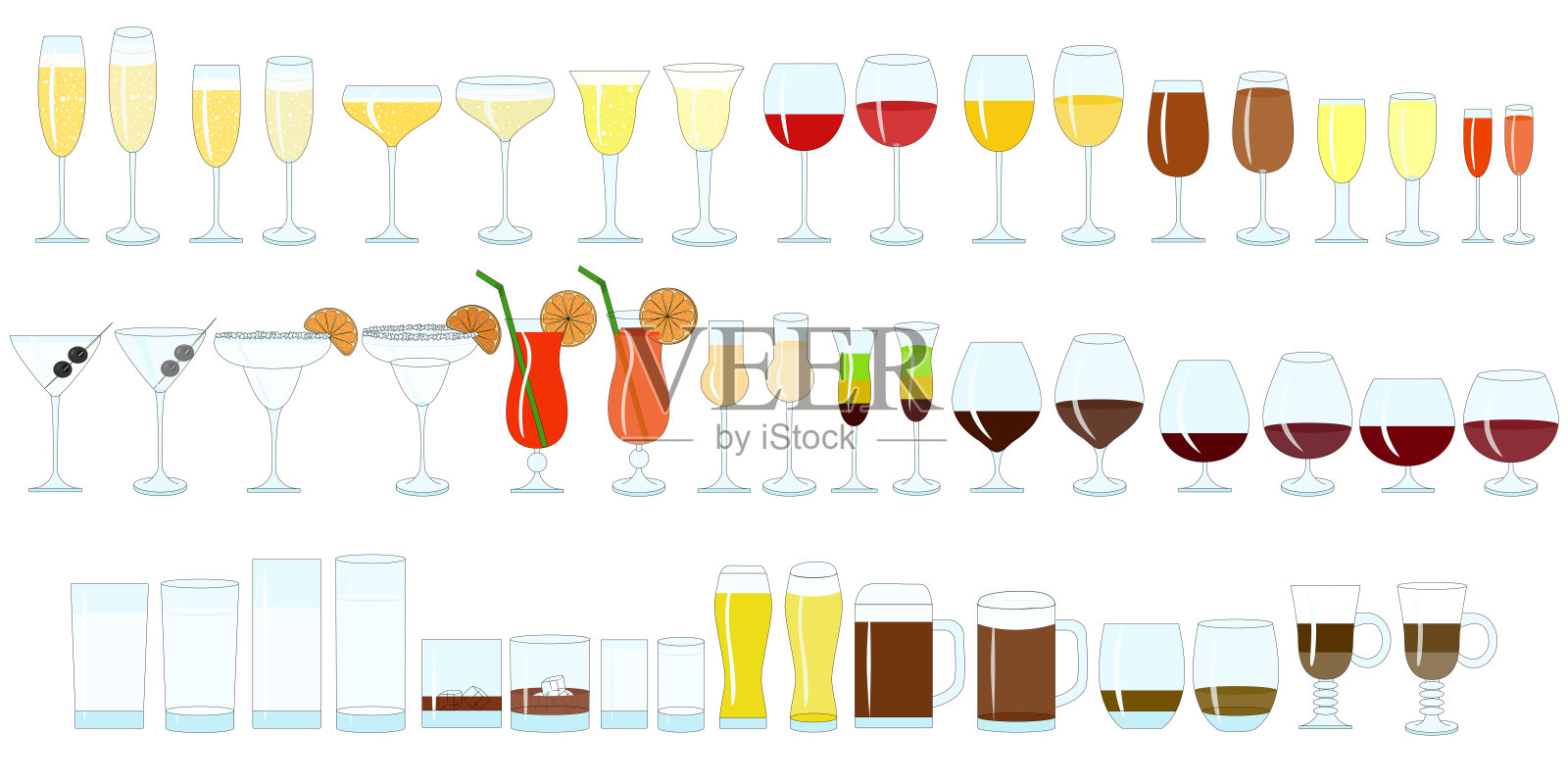 酒杯用于葡萄酒彩色插图,香槟,威士忌,干邑白兰地。酒精饮料和非酒精饮料的玻璃杯类型。插画图片素材