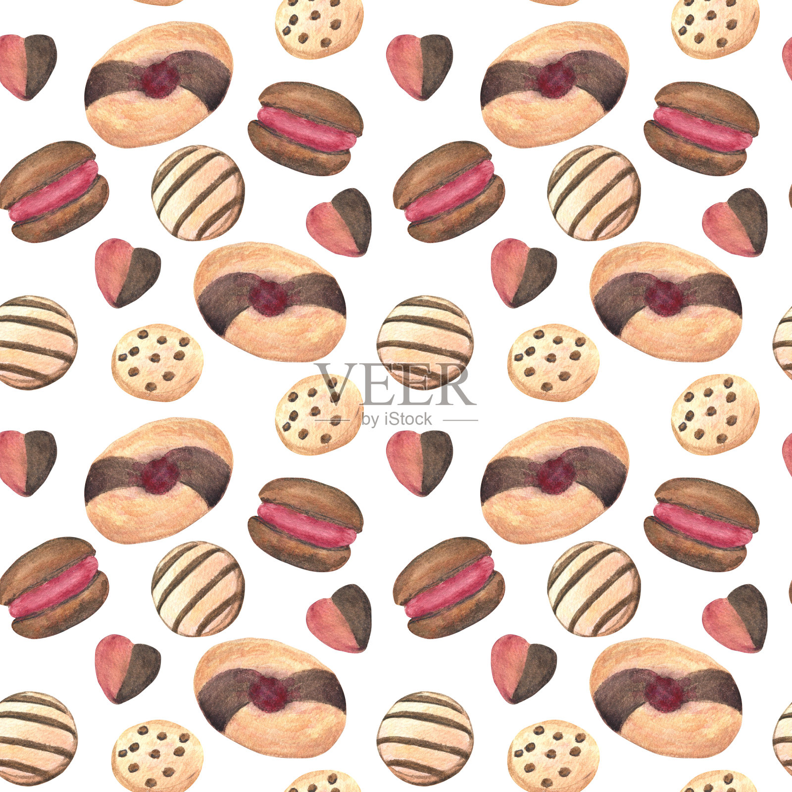 甜美的无缝图案,用水彩画出不同种类的饼干插画图片素材
