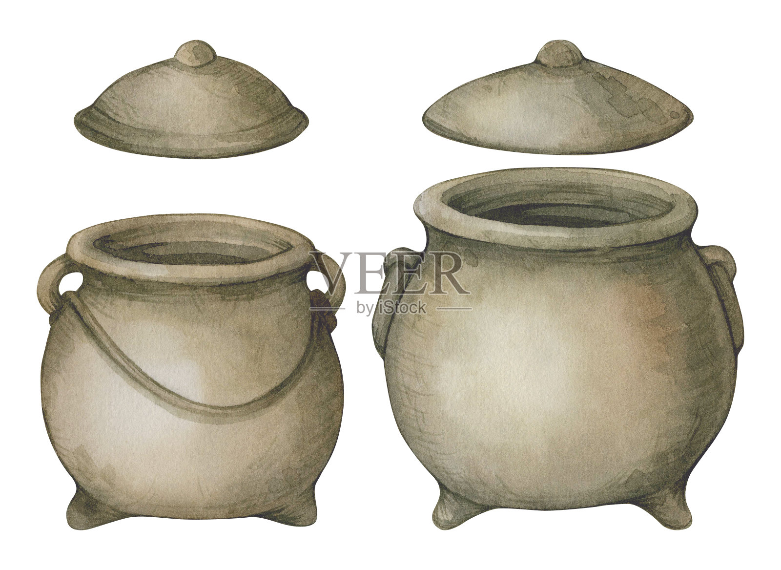 一套水彩插图的复古开放铸铁女巫坩埚。孤立的白色背景。插画图片素材