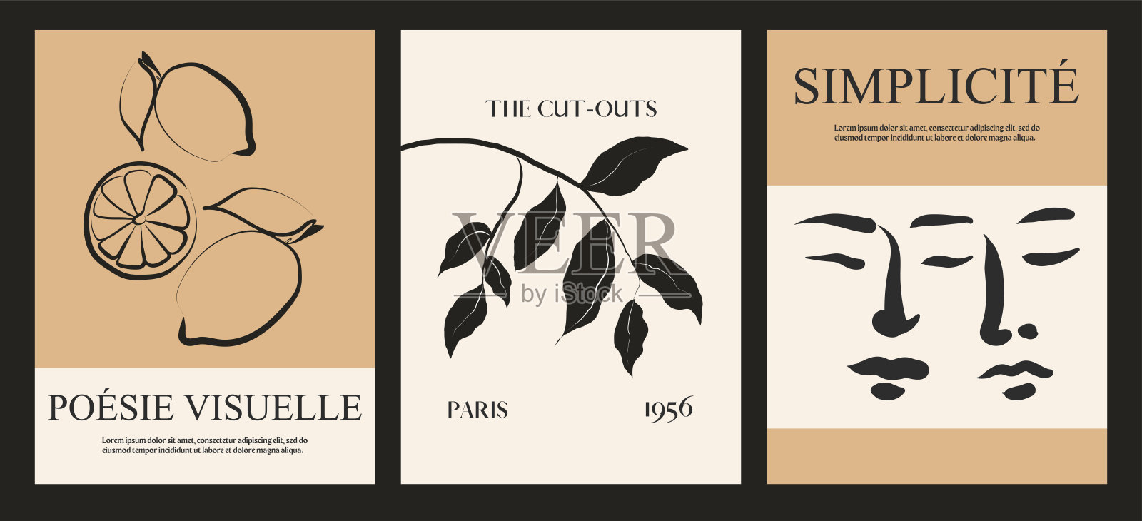 墙壁艺术,矢量集。波西米亚艺术的叶子画柠檬版画和脸画。抽象艺术设计的印刷,封面,壁纸,最小限度的墙壁艺术。插画图片素材