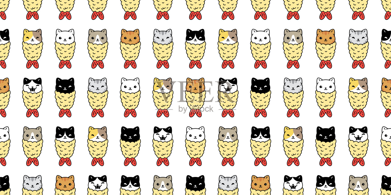 猫无缝图案小猫矢量天妇罗印花布日本食品虾品种neko卡通人物宠物瓷砖重复壁纸背景围巾孤立插图涂鸦设计插画图片素材