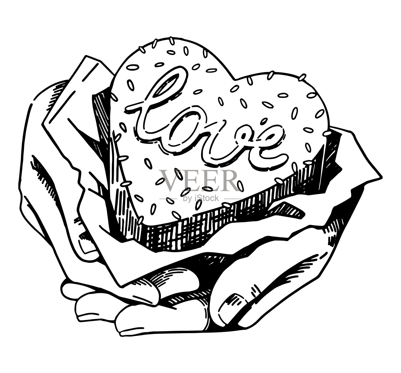 手里拿着小小的心形蛋糕。甜甜的小甜点,可爱,浪漫,美味的节日礼物。手绘矢量插图复古风格。轮廓剪贴画孤立在白色。插画图片素材