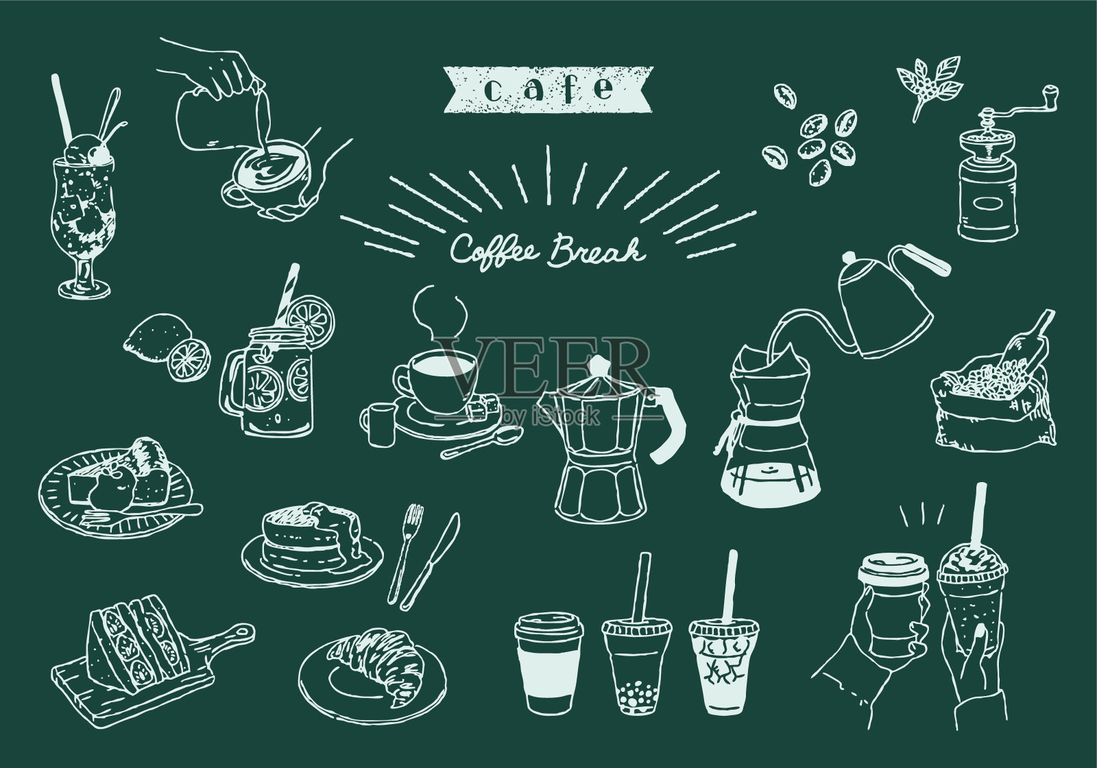 咖啡馆线条画插图设置粉笔艺术插画图片素材