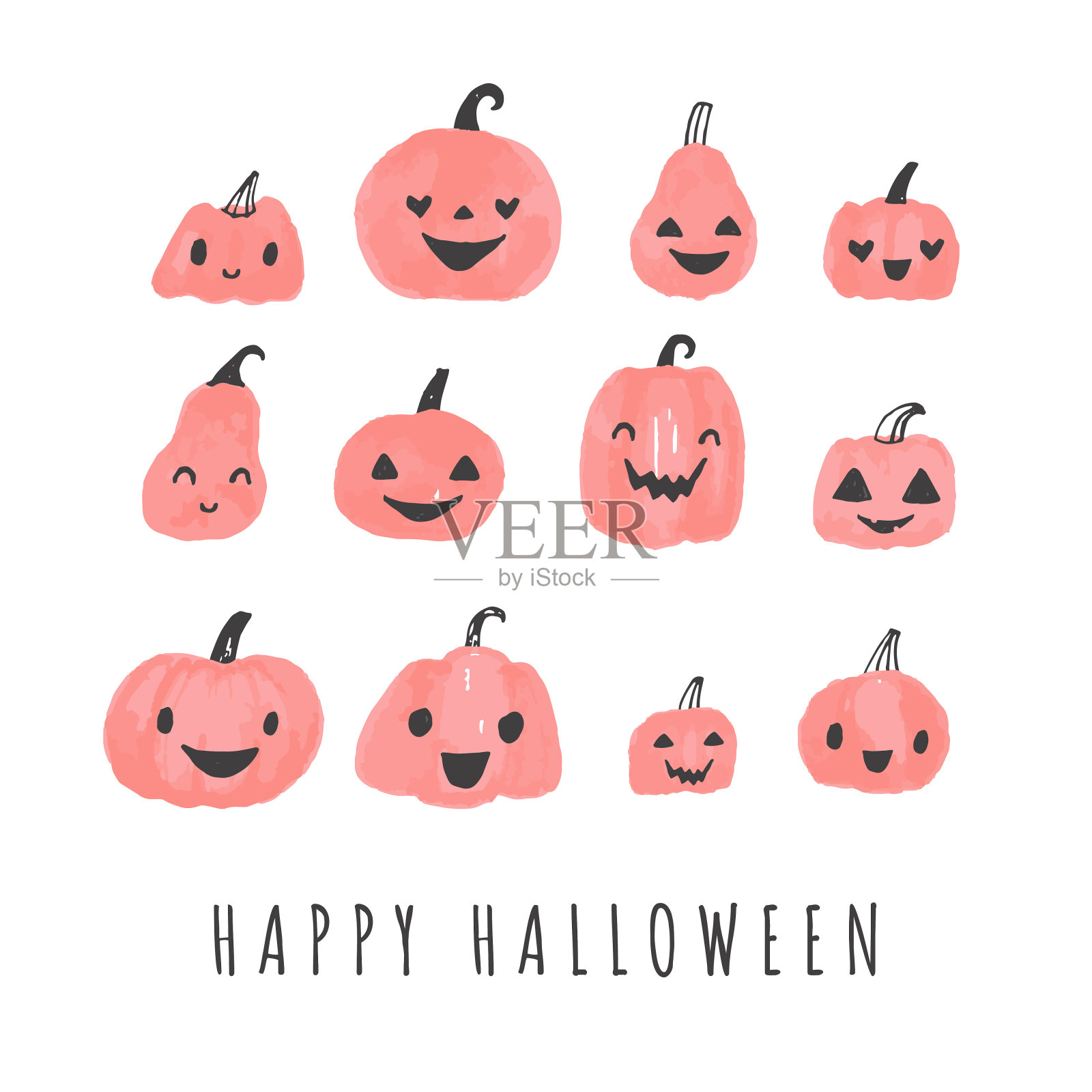 万圣节南瓜可爱的插图。一套雕刻南瓜卡通与面孔。插画图片素材