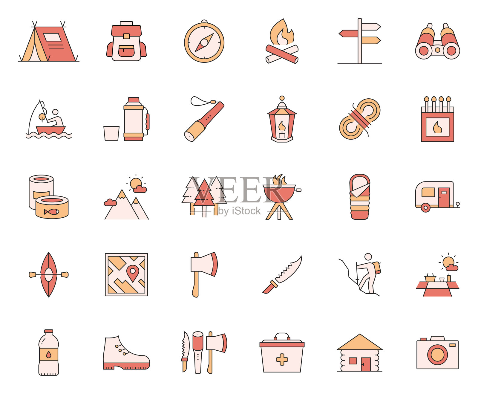野营和户外娱乐相关的矢量线图标的简单设置。大纲符号集合。图标素材