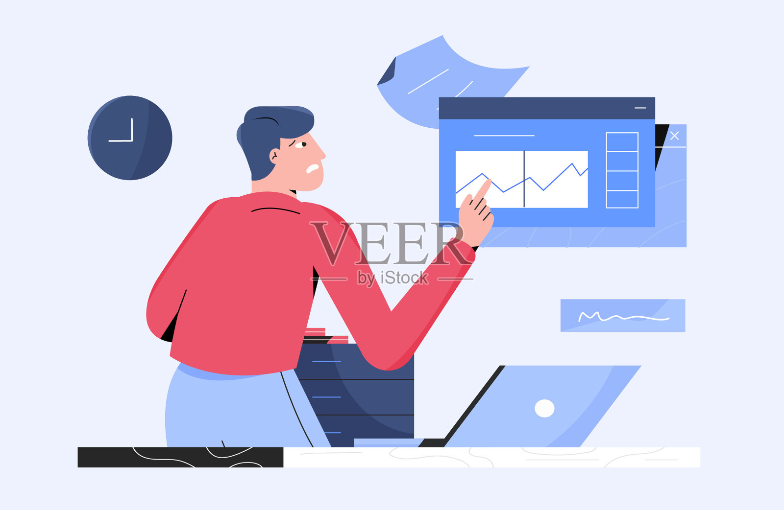 有数据信息矢量插图的家伙。经济学策略,销售分析,统计,数据,职业成功概念。插画图片素材