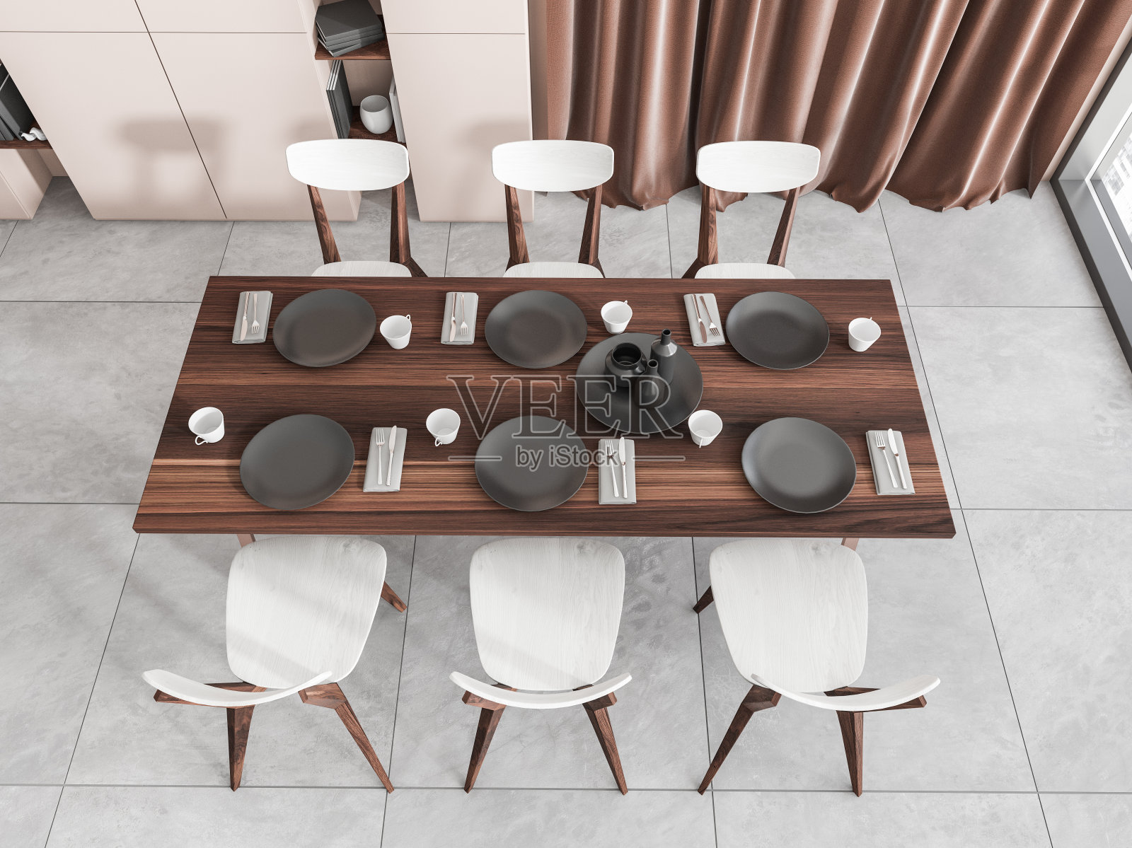 光餐室内部配有椅子,俯视图,带装饰的架子照片摄影图片