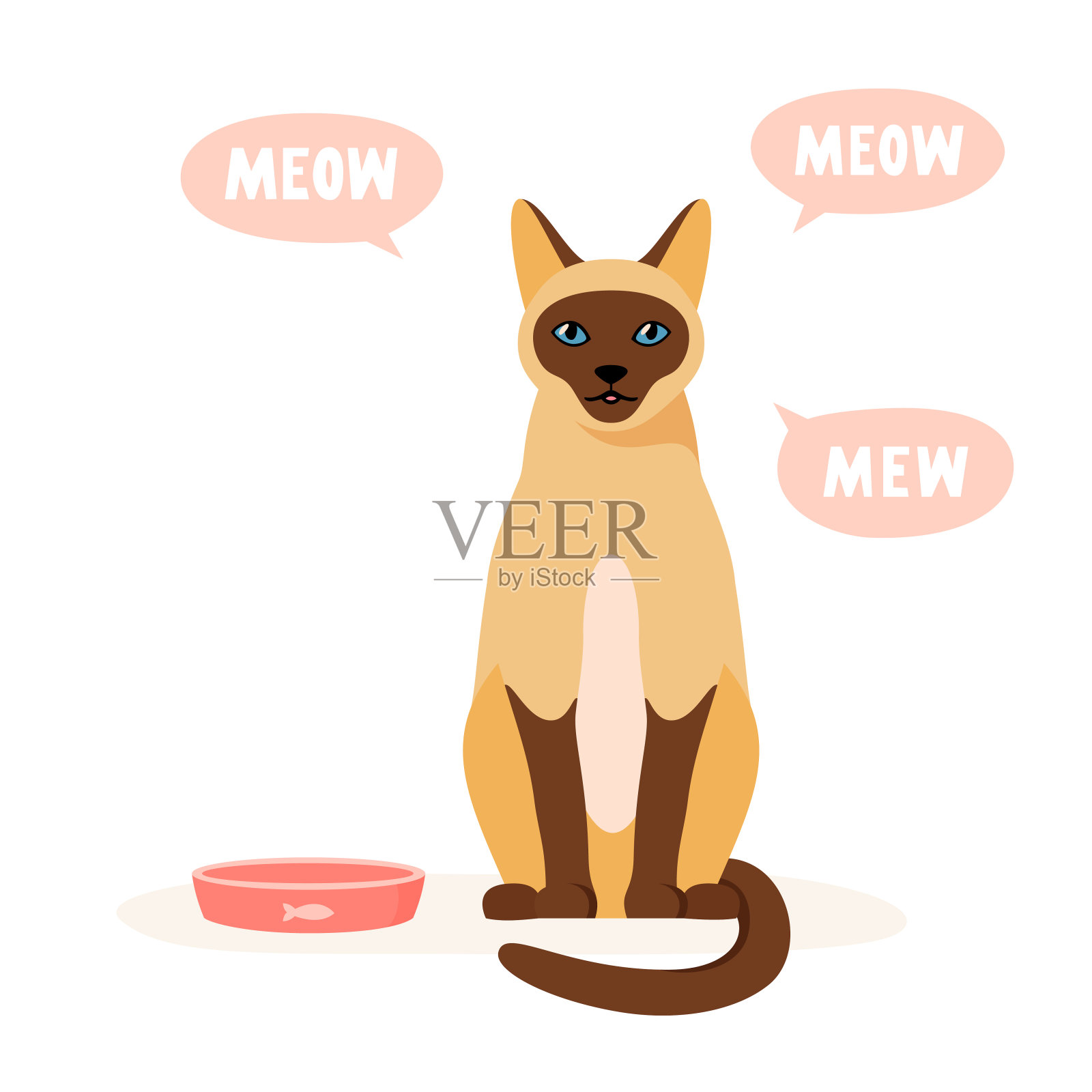 饿猫要食物。宠物喵喵叫着要食物。暹罗猫坐在空碗旁。扁平风格矢量插画图片素材