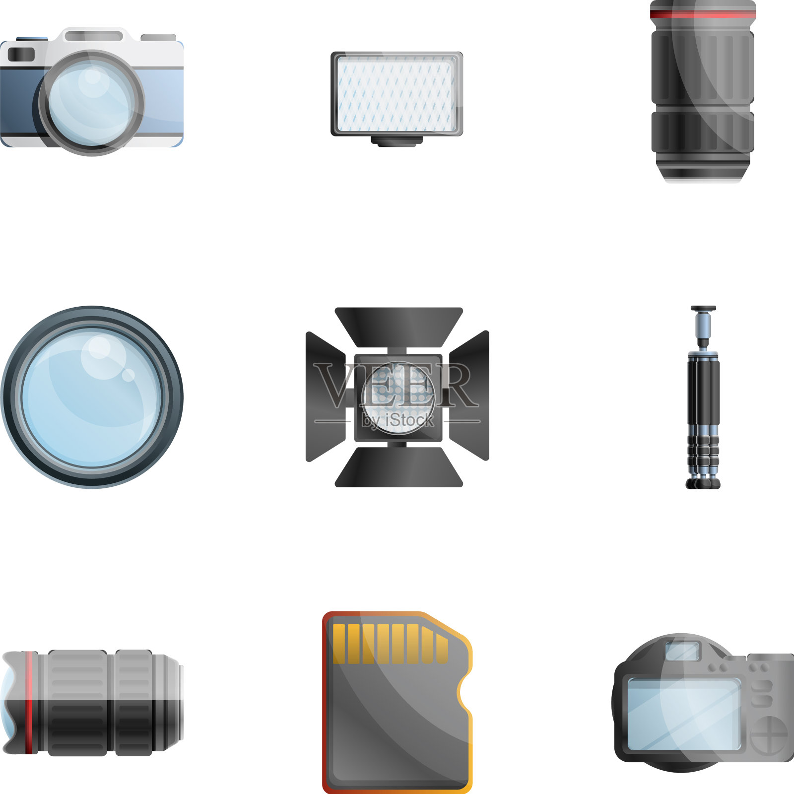 摄影师工具图标设置卡通风格图标素材