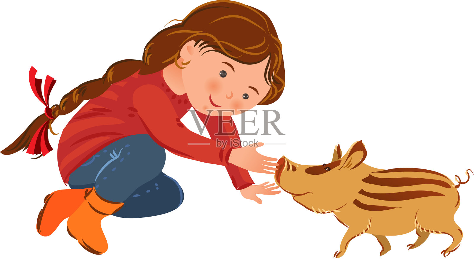 可爱的长发女孩正在和野生的小猪玩耍设计元素图片