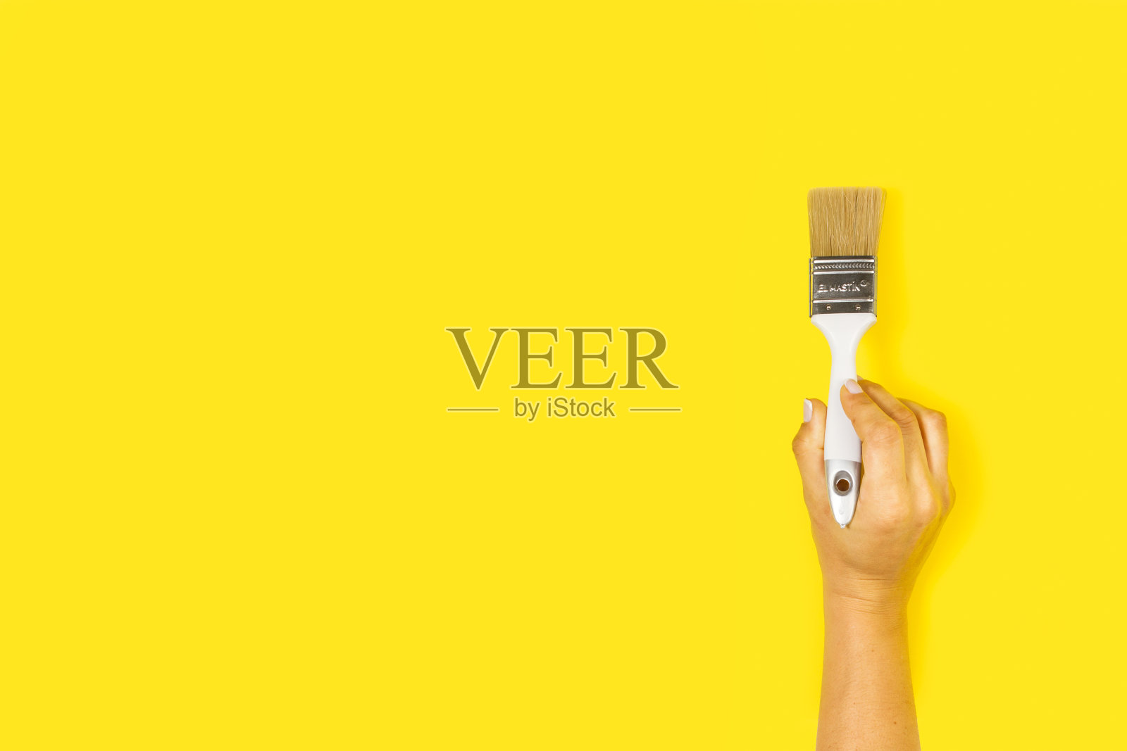 黄色背景上拿着白色画笔的女人的手照片摄影图片