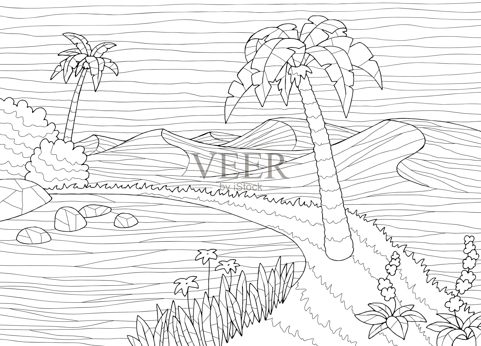绿洲彩色沙漠图形黑白景观插图矢量插画图片素材