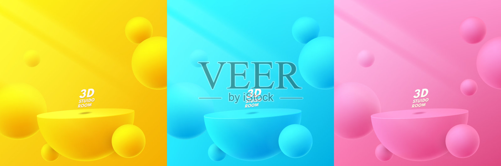 一套逼真的3d黄色,蓝色和粉红色的讲台漂浮在抽象的房间与球飞行。向量的几何形式。产品模型展示、促销展示的最小场景。插画图片素材