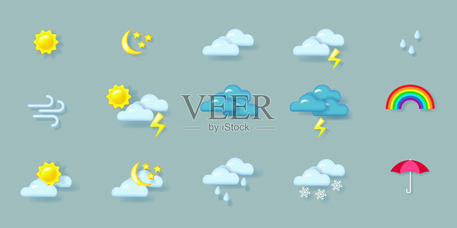 天气图标集。带有阴影的现实3d对象插画图片素材