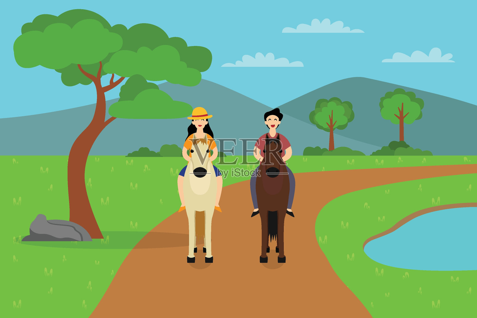 一对浪漫的情侣在公园里骑马插画图片素材
