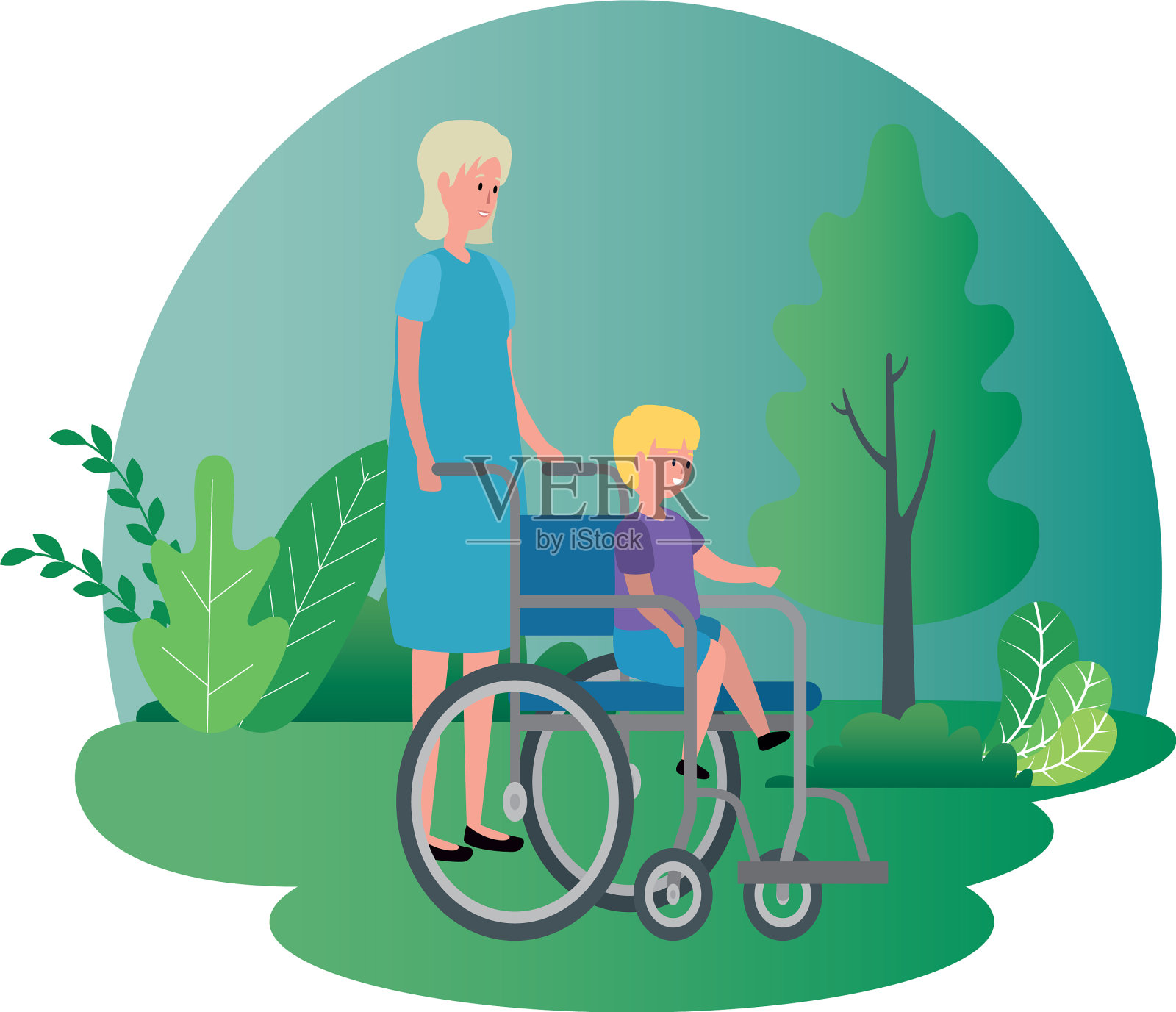 可爱的奶奶和坐轮椅的孙子设计元素图片