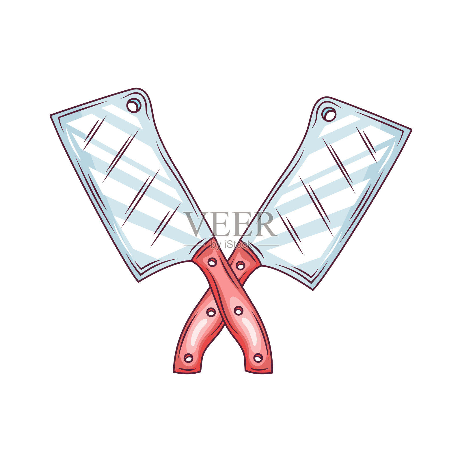 金属菜刀刀与红色木柄孤立色线图标。矢量切肉刀,大菜刀切肉食品。不锈钢厨具,锋利的厚刃刀插画图片素材