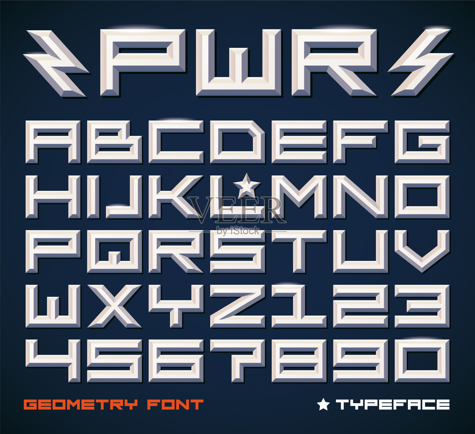 现代的等宽字体,方形字母和数字。金属有斜面的版本。矢量插图。插画图片素材